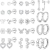 LOLIAS Hypoallergenic Flat Back Earrings for Women Girls-Surgical Stainless Steel Earrings for Sensitive Ears-Cute Flatback Stud Earring Set Small Hoops Cartilage Earring Stacks