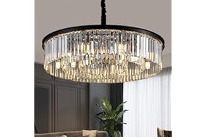 lighceac 31.5" 12-Light Modern Crystal Chandelier Light Fixtures 3 Rings Black Luxury Chandeliers for Living Room Glam Round Hanging Ceiling Pendant Lighting for Entryway Kitchen Bedroom Dining Room