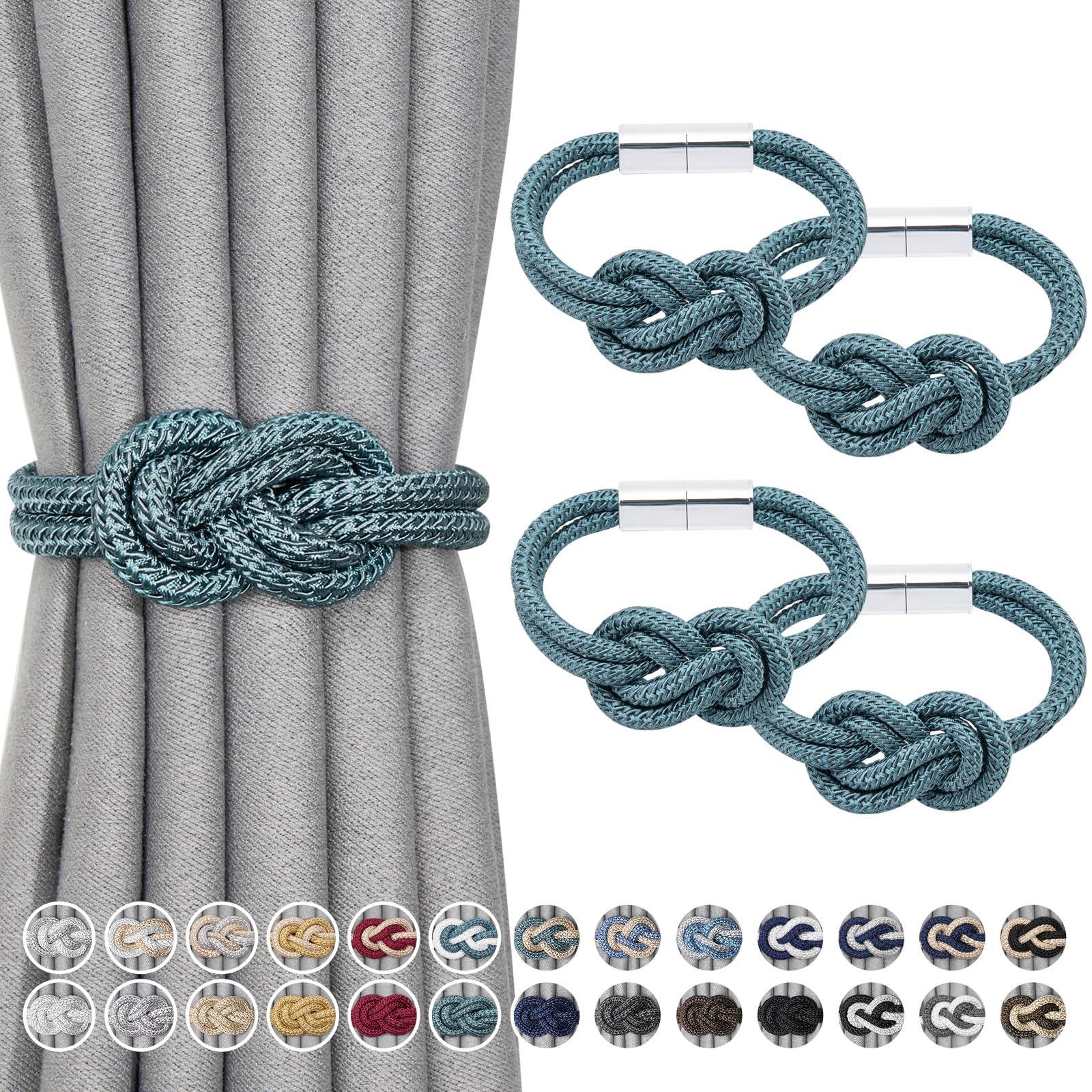 Pretty Jolly 4 Pack Mini Magnetic Curtain Tiebacks Nordic Simple Style Drape Tie Backs Elegant Hand Weave Rope Knot Decorative Curtain Holdbacks for Home & Office Window Drapery (Teal)
