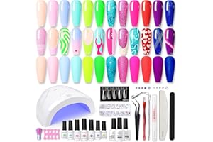 Born Pretty 28Pcs Gel Nail Polish Kit With U V/ Light 48W Nail Lamp 12 Colors Neon Pink Nude Pastel Gel Polish Set with Tips Base/Top Coat Gel Manicure All-In-One Nail Gel Kit Ideal Gifts