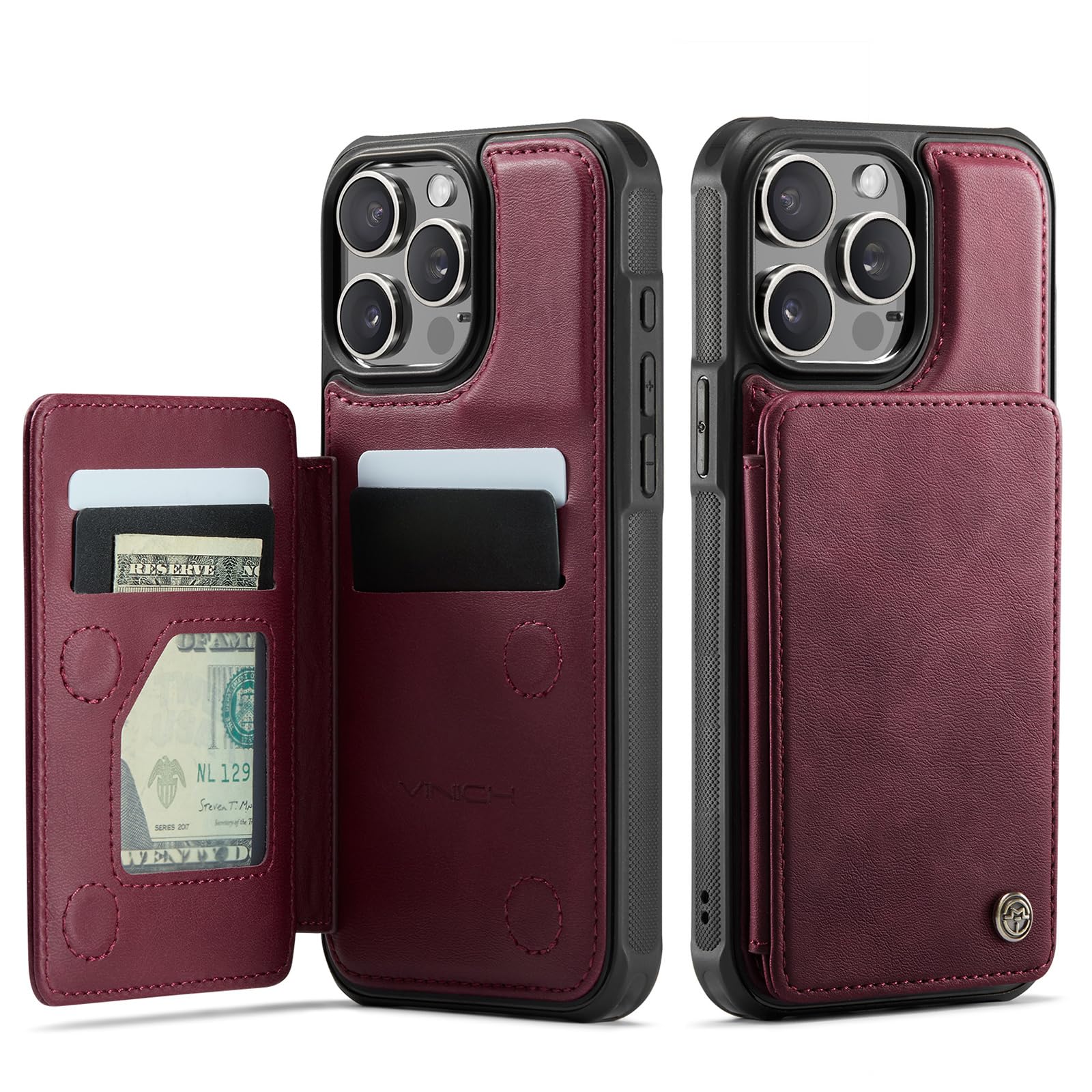 Photo 1 of Vinich for iPhone 14 Pro Max Wallet Case with Card Holder, RFID Blocking Credit Slots Kickstand Shockproof Phone Cover for Women Men, Burgundy