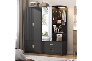 XVD Armoire Wardrobe Closet with Mirror & Sensor Light, Bedroom Armoire with 5 Doors & 2 Drawers, Modern Wooden Large Wardrobe Closet with Shelves, 4 Hooks, 2 Hanging Roods, Open Space, Black