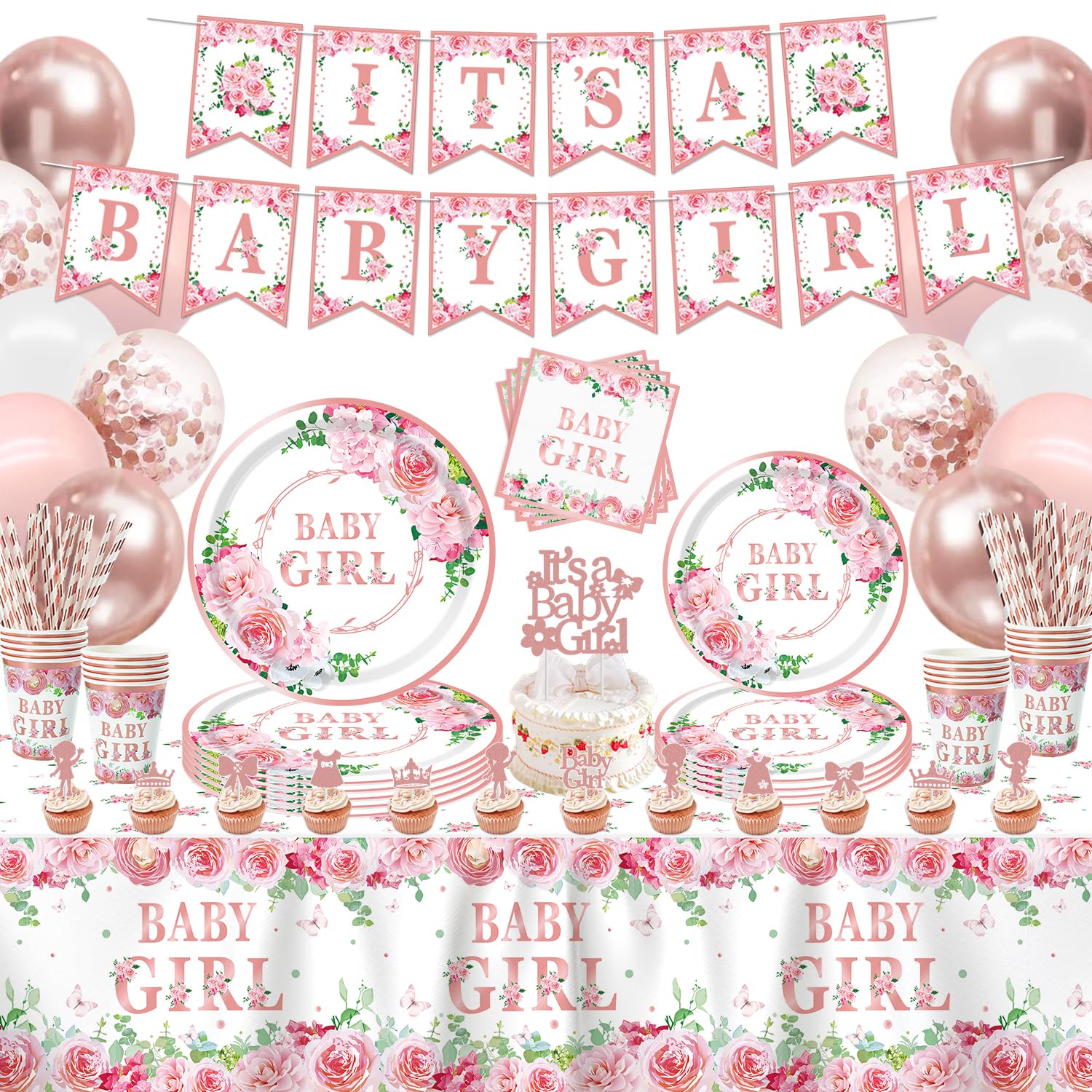 Inspireyee 168 PCS Baby Shower decor Girl Gender Reveal Party Supplies Babygirl Tableware Set - Plate, Napkins, Baby Shower Banner, Balloons Rose Gold Floral Girl Baby Shower Party Supplies Serves 20