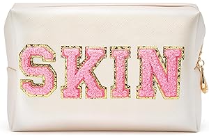 Y1tvei Preppy Patch SKIN Varsity Letter Cosmetic Toiletry Bag PU Leather Portable Makeup Bag Zipper Pouch Storage Purse Waterproof Organizer Gift for Women Teen Girls Daily Travel Use (Shell Gold)