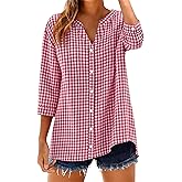 LOMON Cotton 3/4 Sleeve Button Down Shirts for Women Gingham Plaid Striped Tops V Neck Casual Loose Blouse