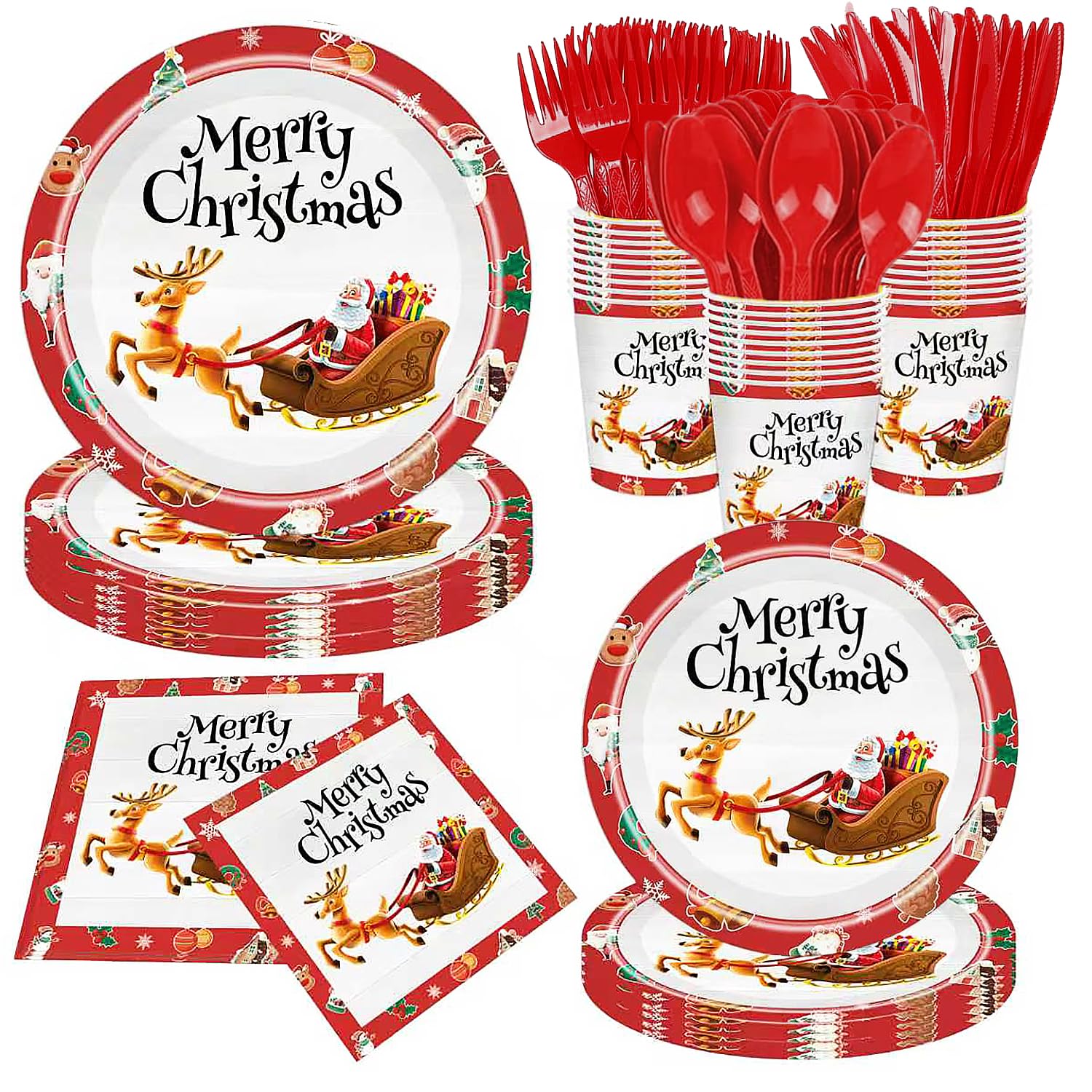 View 1 of (25 Guests) 175pcs Christmas Plates and Napkins, Knives, Forks, Spoons, Cups, Disposable Dinnerware Set Paper Plates with Silverware for Christmas New Year Thanksgiving Party