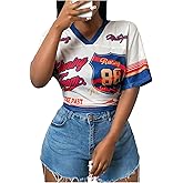 RoseSeek Women's Number Print Mesh Jersey Shirts V Neck Short Sleeve Sports Graphic Tees Tops