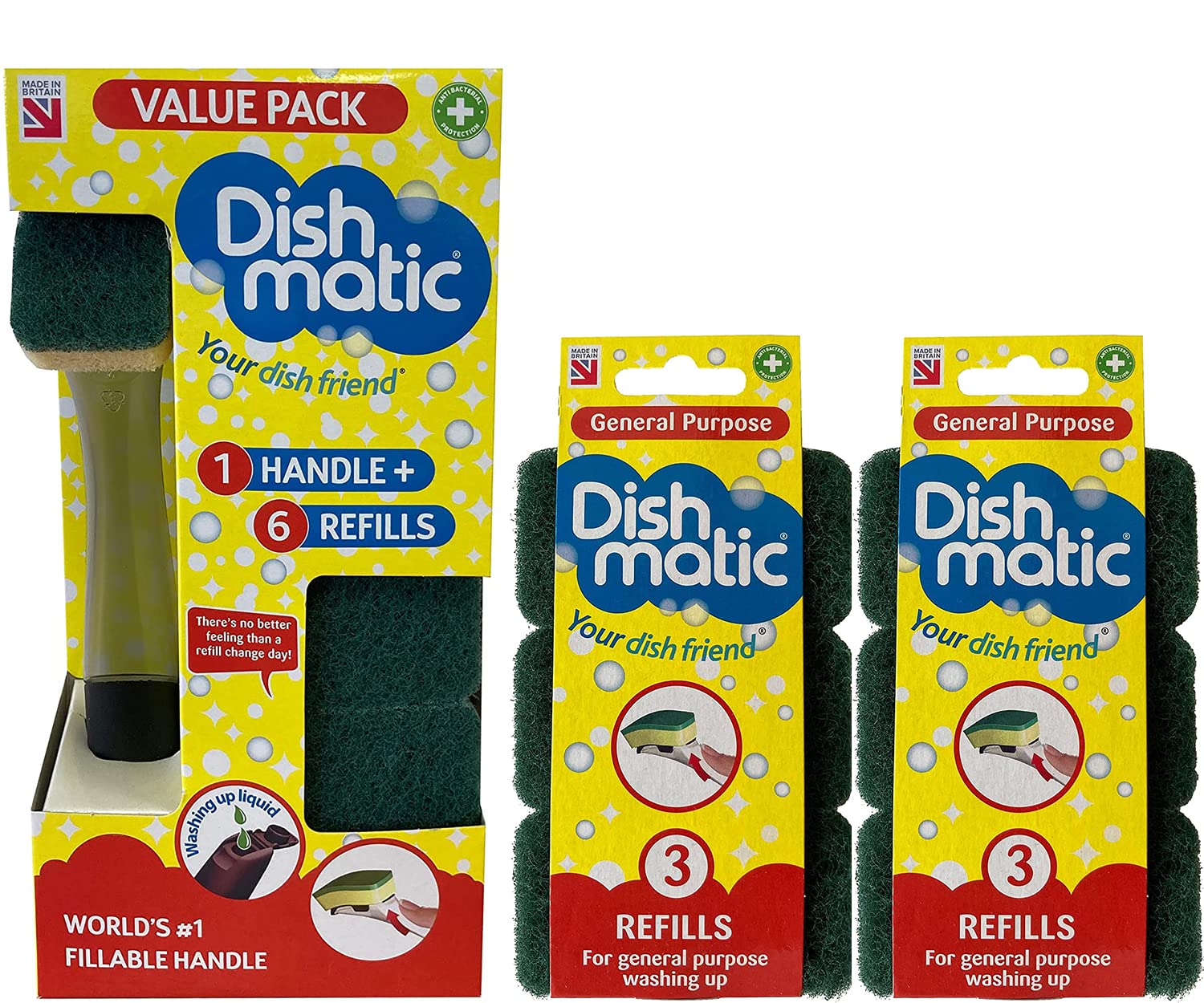 Fillable Washing Up Brush with Handle and 6X Replaceable Sponge Head Refills [Value Pack] Bundled with 6X General-Purpose Sponge Head Refills