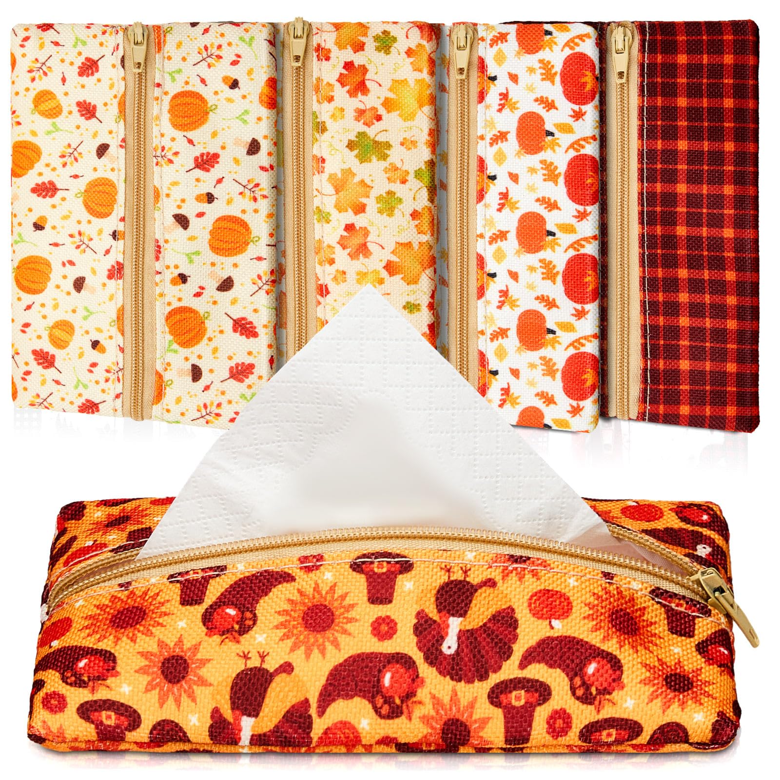 Photo 1 of Sherr 5 Pieces Tissues Purse Pocket Tissue Holder Reusable Travel Tissue Pouch Fabric Zipper Enclosed Small Size Leaves Pattern Tissue Holder for Purse Coins for Fall, 5.25 x 3 Inches (Autumn Style)