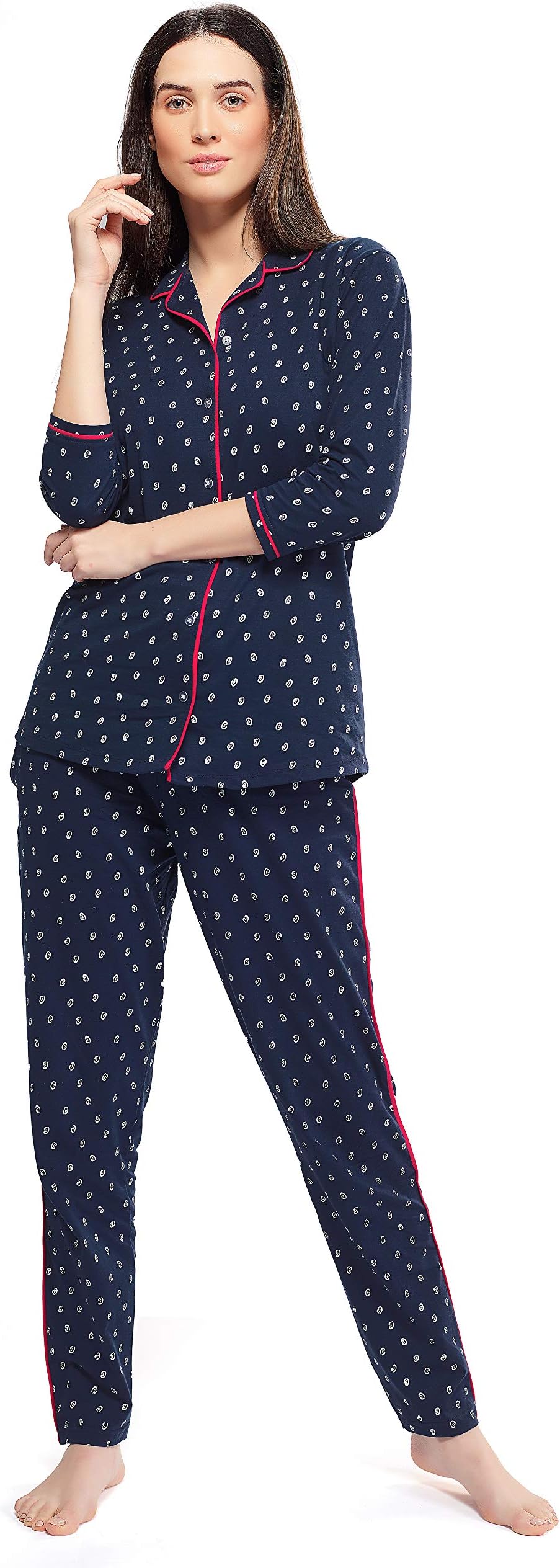 ZEYO Women's Cotton Navy Blue & Pink Unique Print Night Suit Set