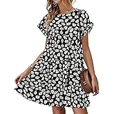 Chuanqi Womens Ruffles Boho Floral Printed Babydoll Loose Swing Casual Short Mini T-Shirt Dress