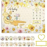 Winnie Baby Milestone Blanket, Honey Themed Baby 12 Months Milestone Blanket, Winnie Photo Calendar Monthly Growth Chart, with 8PCS Double-Sided Printed Cardstock, Christmas Decoration Photo Gift