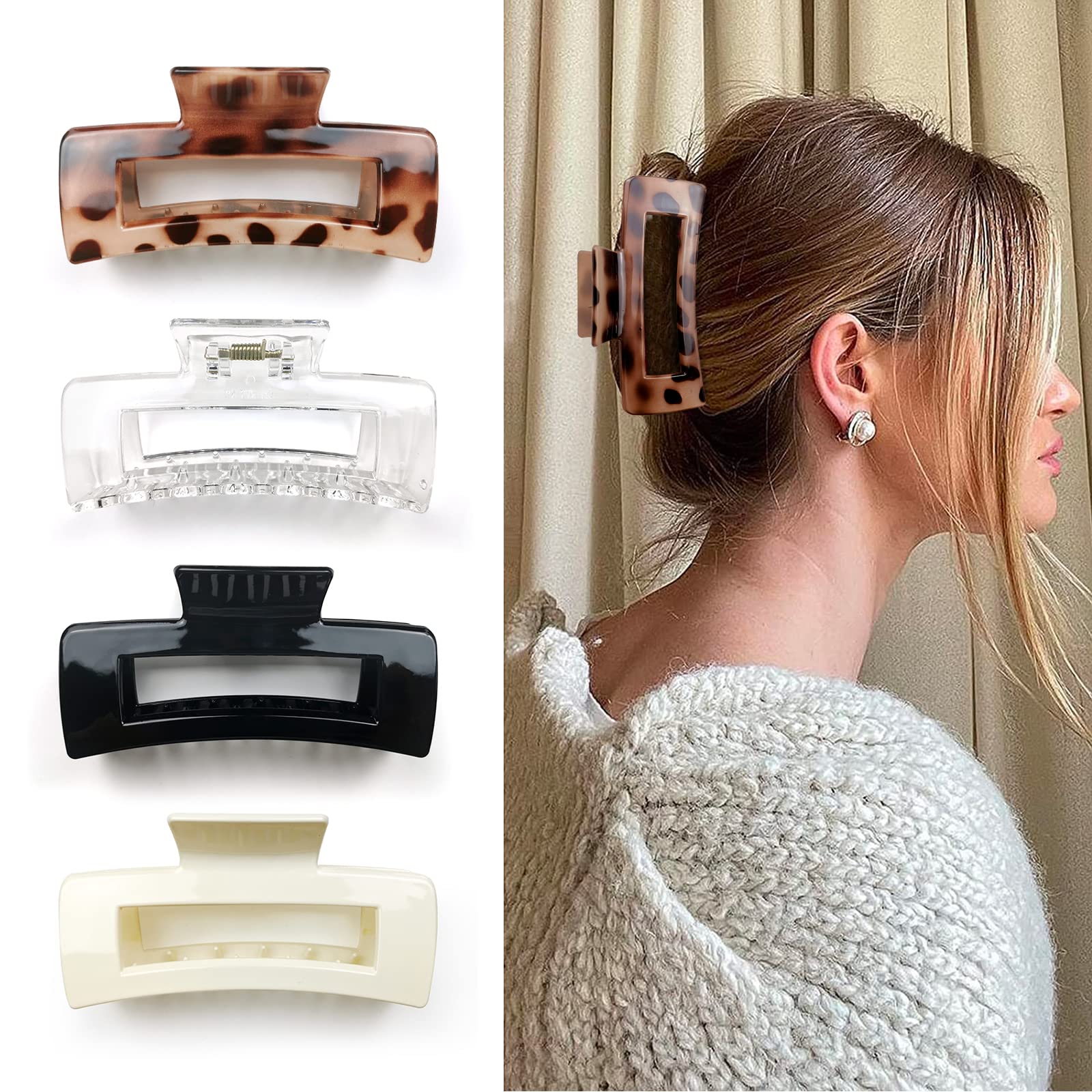 Kavya Hair Claw Clips Women - 4pcs 4.13’’ Hair Clips, Plastic Nonslip Jumbo Square Strong Hold Claw Clips for Thick Hair,Hair Accessories for Women