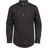 Calvin Klein Boys' Long Sleeve Patterned Dress Shirt, Button-down Style With Buttoned Cuffs, Metallic Black, 8 Husky