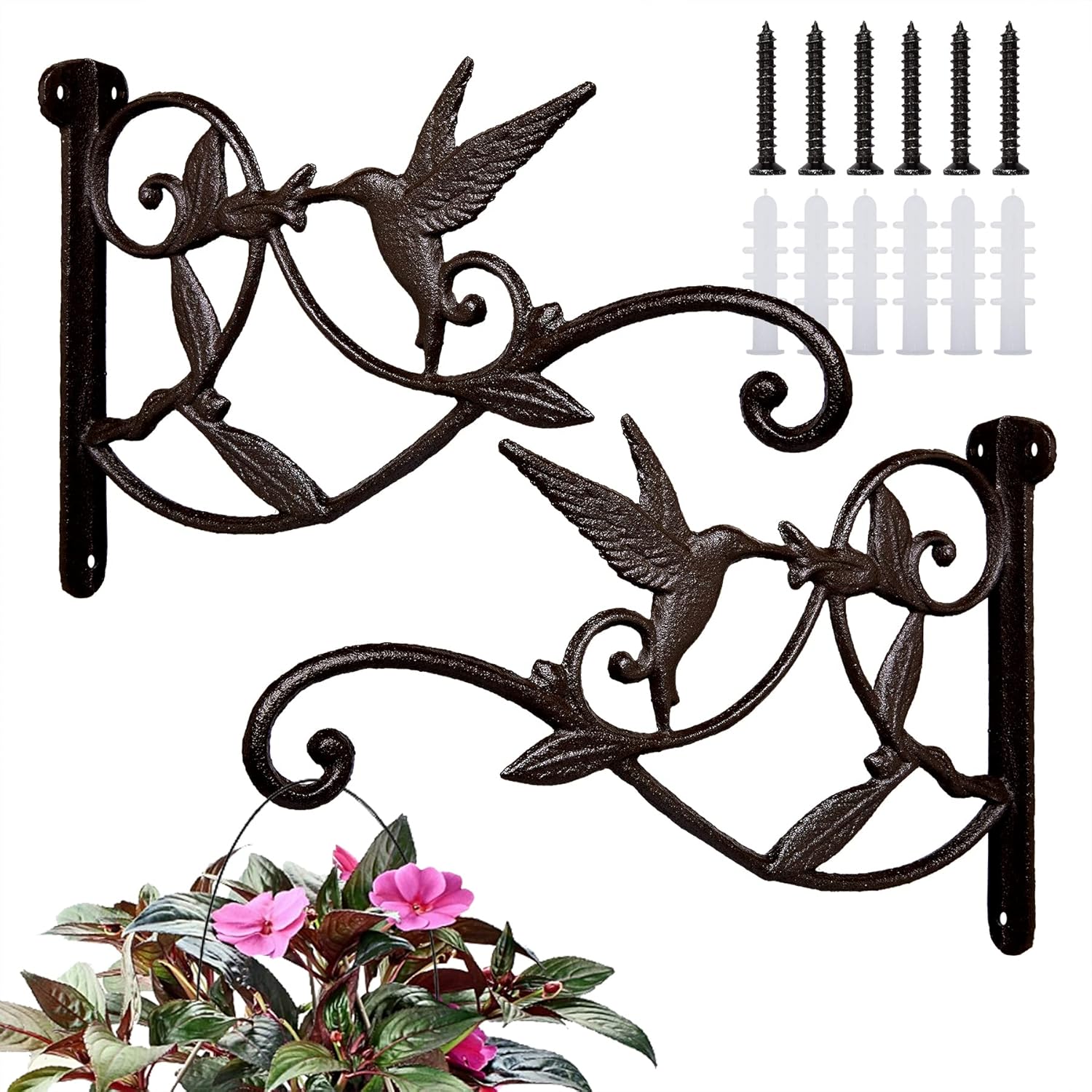 Outdoor Hanging Brackets - FLORWOD 2pcs Plant Hangers Outdoor Heavy Duty, Plant Hooks for Wall 10 Inch, Decorative Plant Bracket Lantern Hooks Rustic Iron Wall Hooks Hummingbird Hooks
