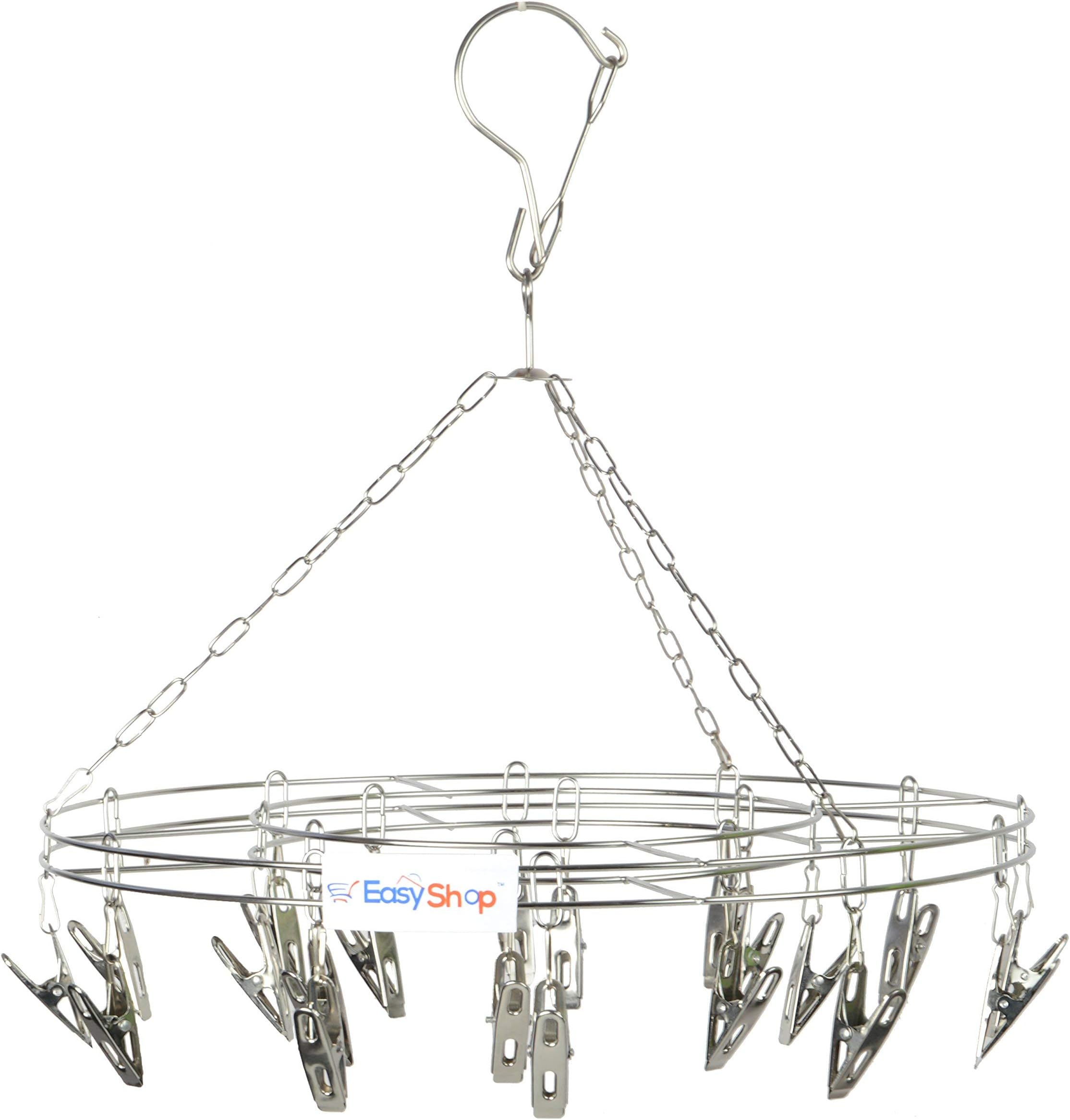 Easyshop Stainless Steel Clothes Hanger with 20 Clip Pegs (36x36x2 cm, Silver)