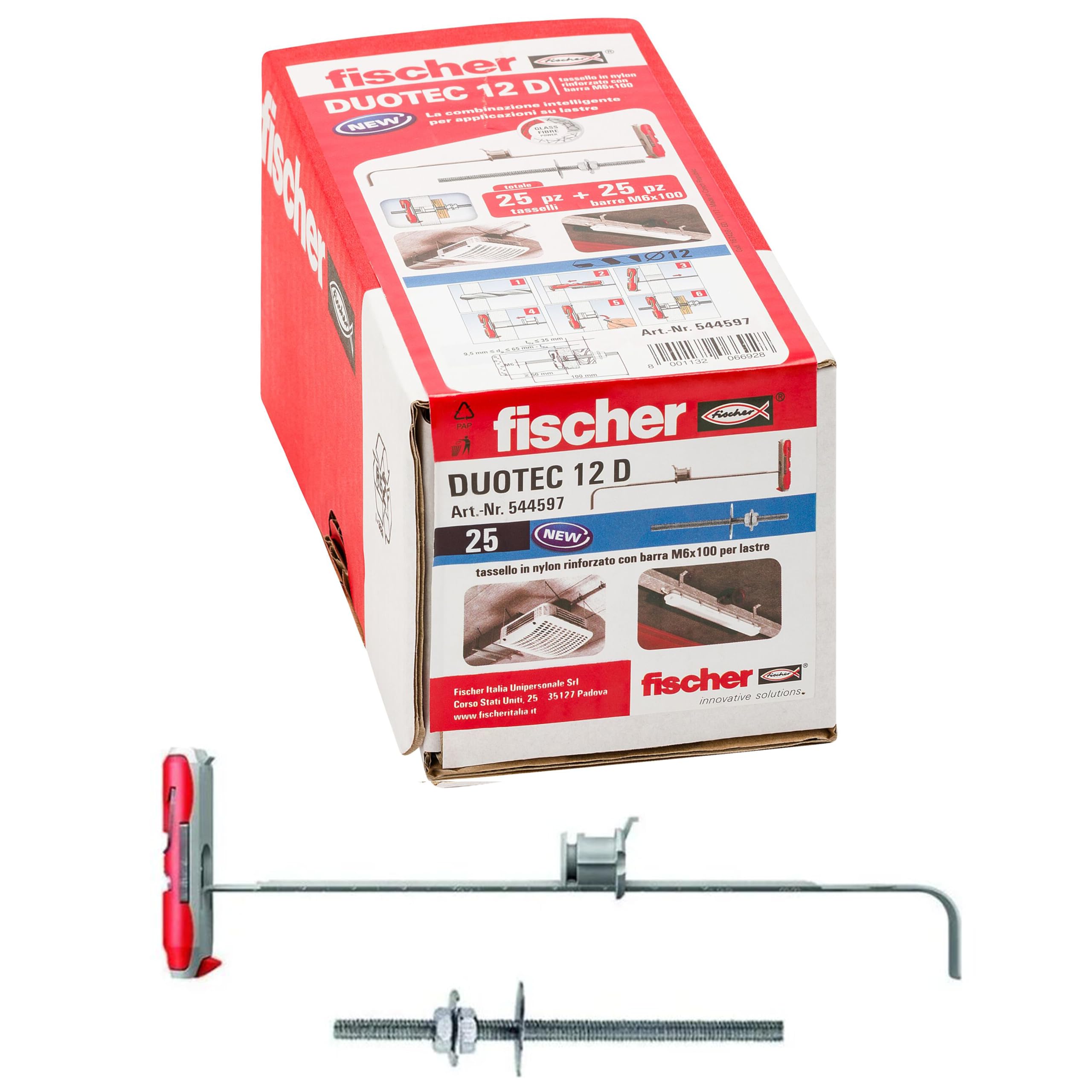 Fischer DUOTEC 12 Plasterboard Dowels with M6 Metric Screw, Anchor Fixing for High Loads on Panels and Plates, 12 mm Hole with Screw 544597, Grey