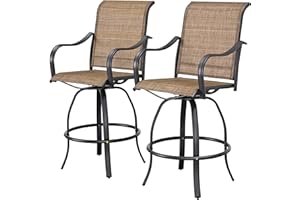 LOKATSE HOME 2 Piece Bar Height Patio Chairs Outdoor Swivel Stools Set Furniture Metal Frame, Khaki Tesling Fabric
