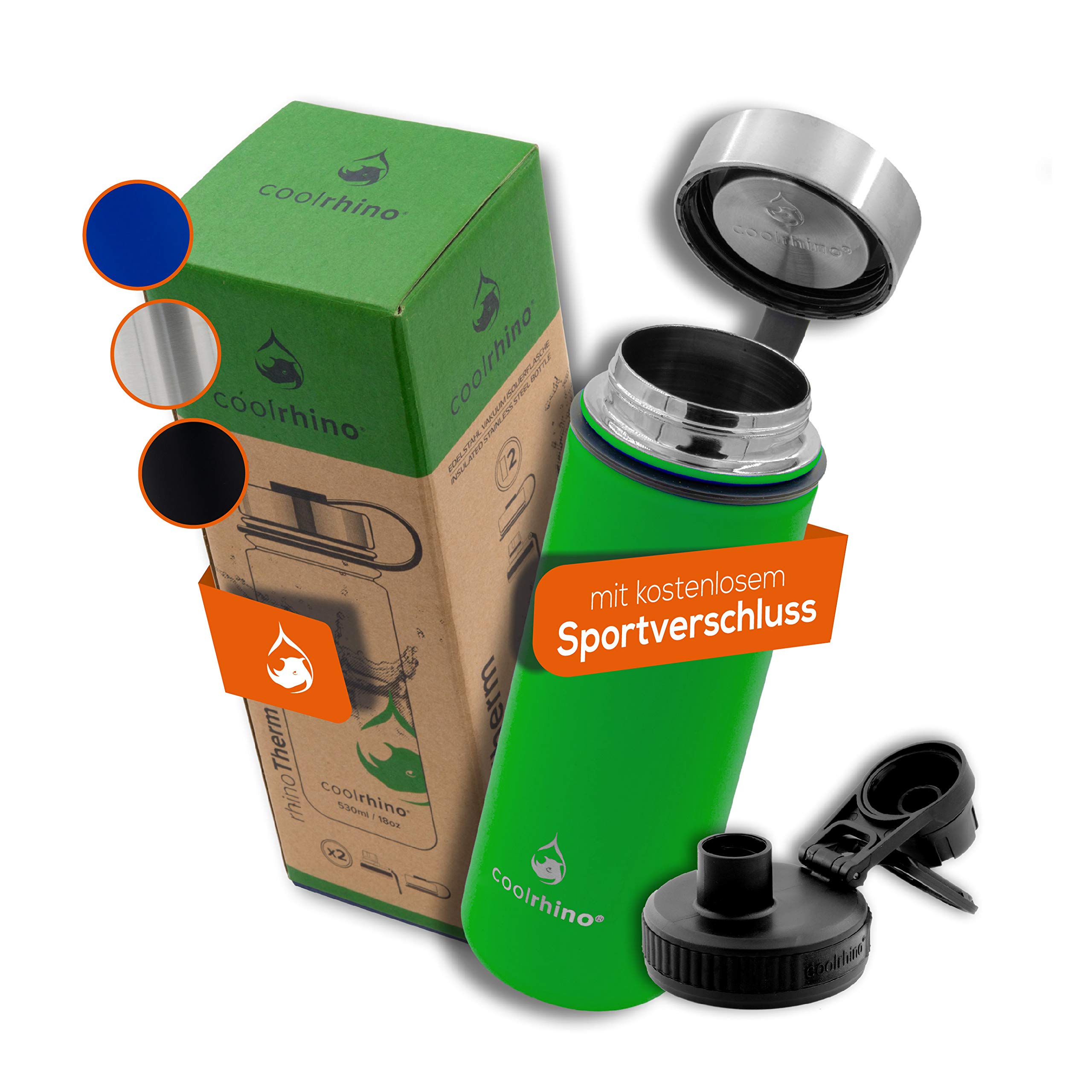 coolrhino Stainless Steel Water Bottle - 500ml, 1L - Metal Thermos Flask Insulated Vacuum Drinking Bottle - Double Walled, Leak-Proof for Cold & hot Drinks + Free Sports-Cap