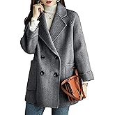 Bankeng Women's Winter Wool Blend Coat Notch Lapel Double Breasted Peacoat Loose Warm Coat Mid-Long Outerwear