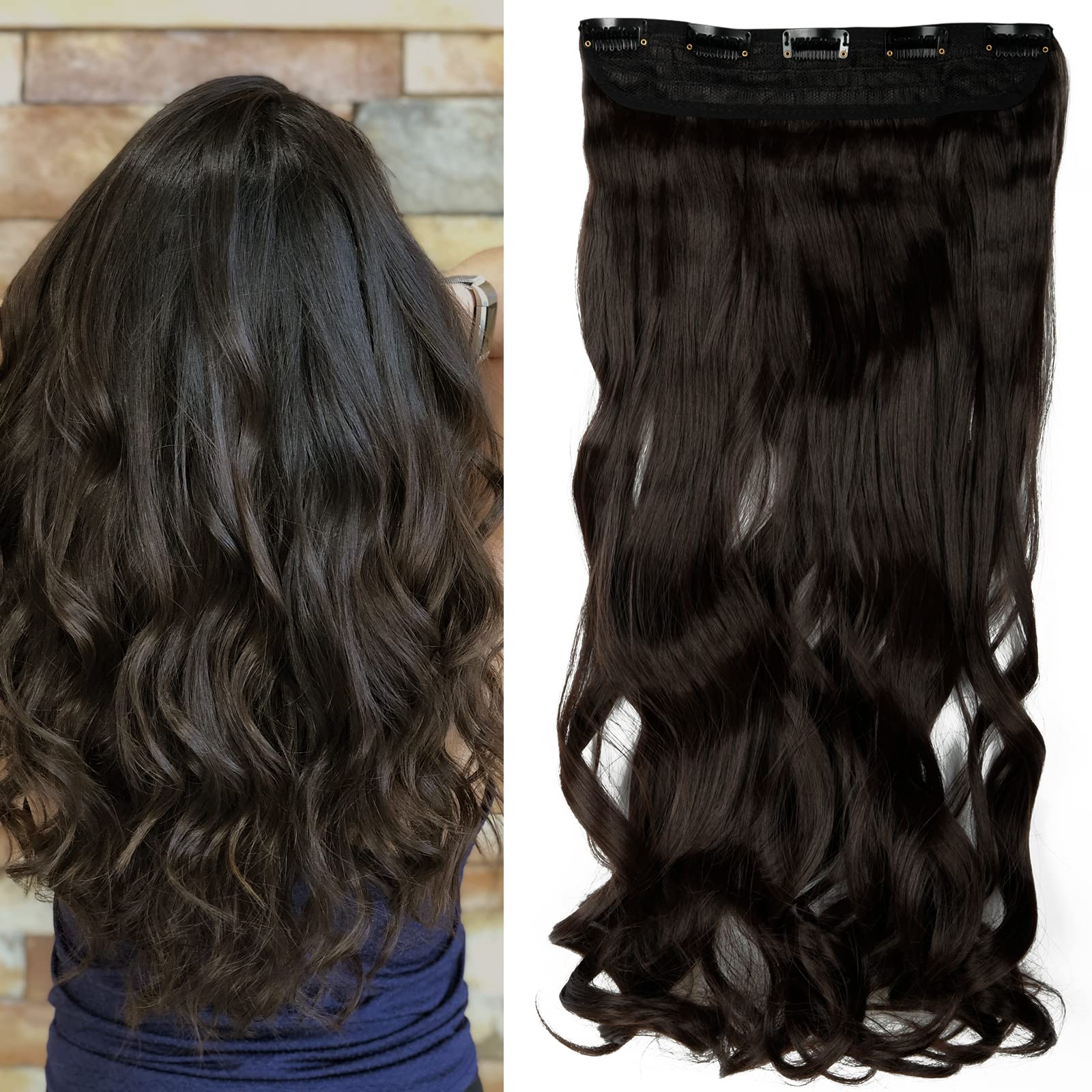 S-noilite Fashion One Piece Clip in Hair Extensions Half Full Head 5 Clips Curly Wavy Hairpiece 24 Inches(60cm)- Dark Brown