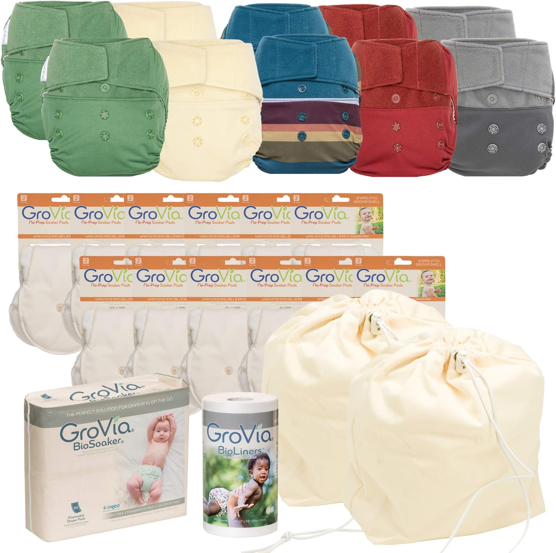 GroVia - Cloth Diaper Bundle for Natural Parenting – (10) Reusable Hybrid Diaper Shells – (1) BioSoaker Eco Friendly Inserts 50pk – (1) Unscented BioLiner 200ct – (12) Soaker Pads – (1) Pail Liner
