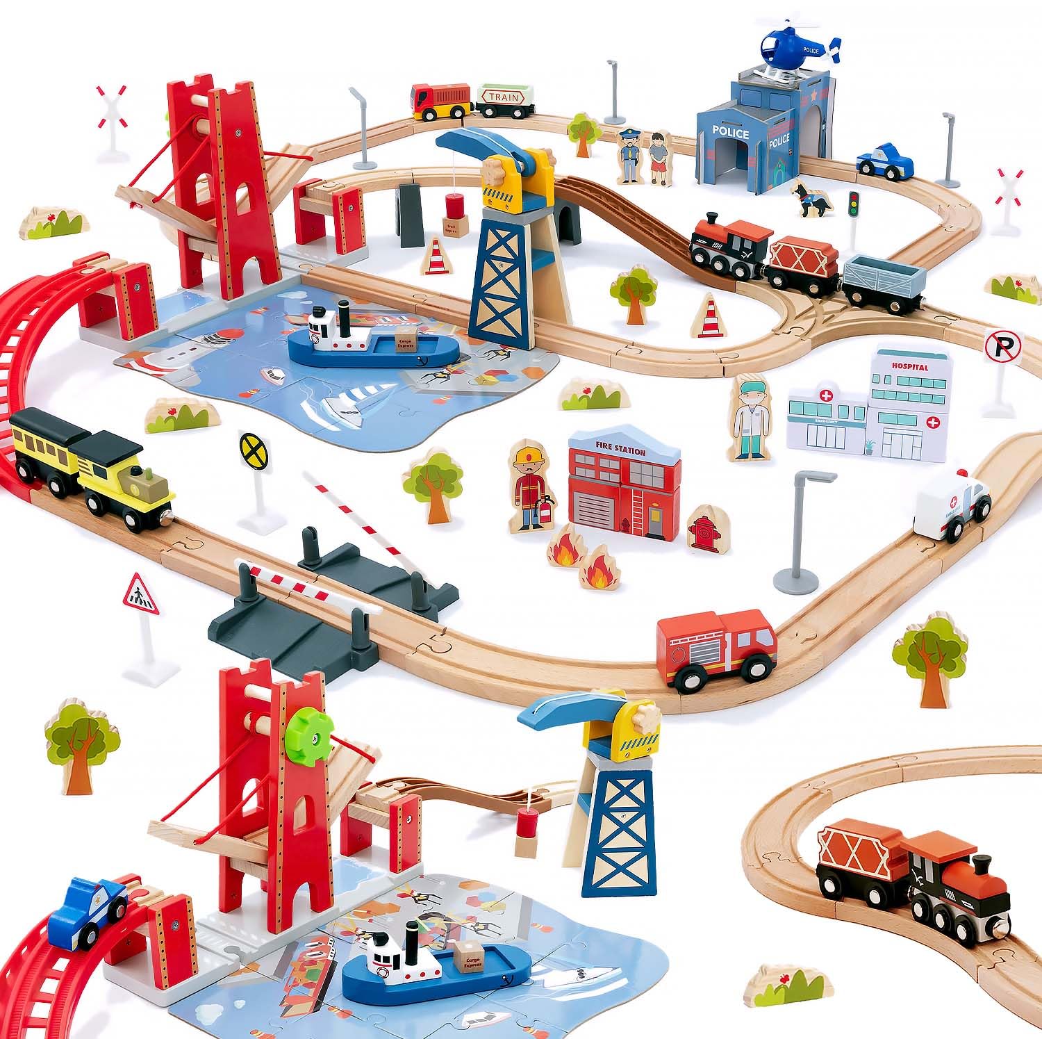 Giant bean 117 Pcs Busy Port City Train Set for Kids- Expandable & Changeable Wooden Train Tracks Set Toddler Toy, Gifts for Boys and Girls Ages 3+