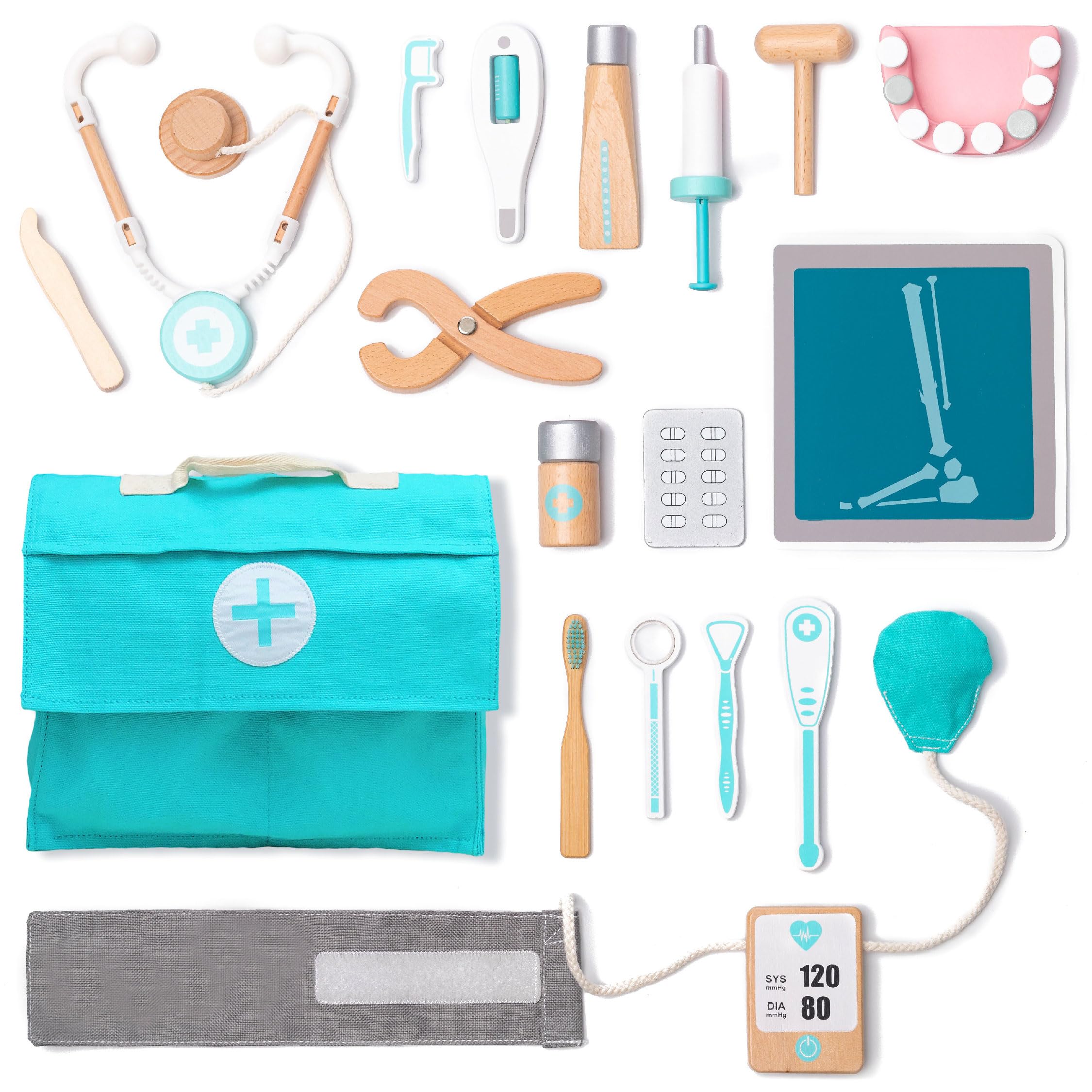 UMU® Wooden Doctor Kit for Kids – 18-Piece Pretend Play Set with Stethoscope, Blood Pressure Monitor, Dentist Tools & More – Medical Toy Case for Children Age 3 4 5