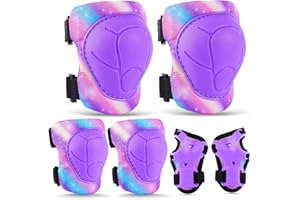 FIODAY Knee Pads for Kids Protective Gear Set Adjustable Kids Knee Pads and Elbow Pads with Wrist Guard for Girls Roller Skates Cycling Bike Skateboard Scooter Knee Pads, 3-8 Years, Purple Blue Yellow