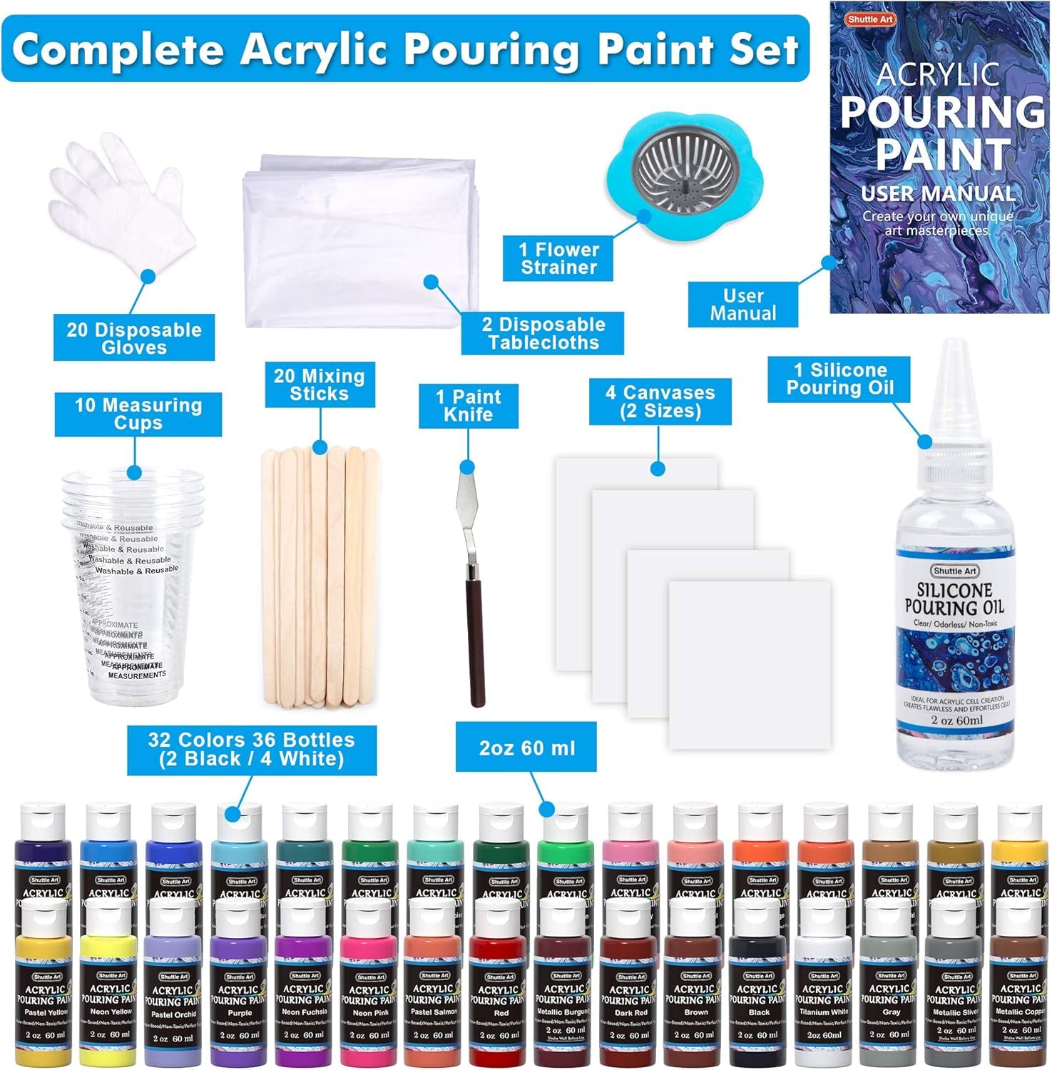 Shuttle Art Acrylic Pouring Paint, Set of 36 Bottles (2 oz/60ml) Pre-Mixed High-Flow Pouring Supplies with Canvas, Silicone Oil, Measuring Cups, Tablecloths, Complete Paint Pouring Kit
