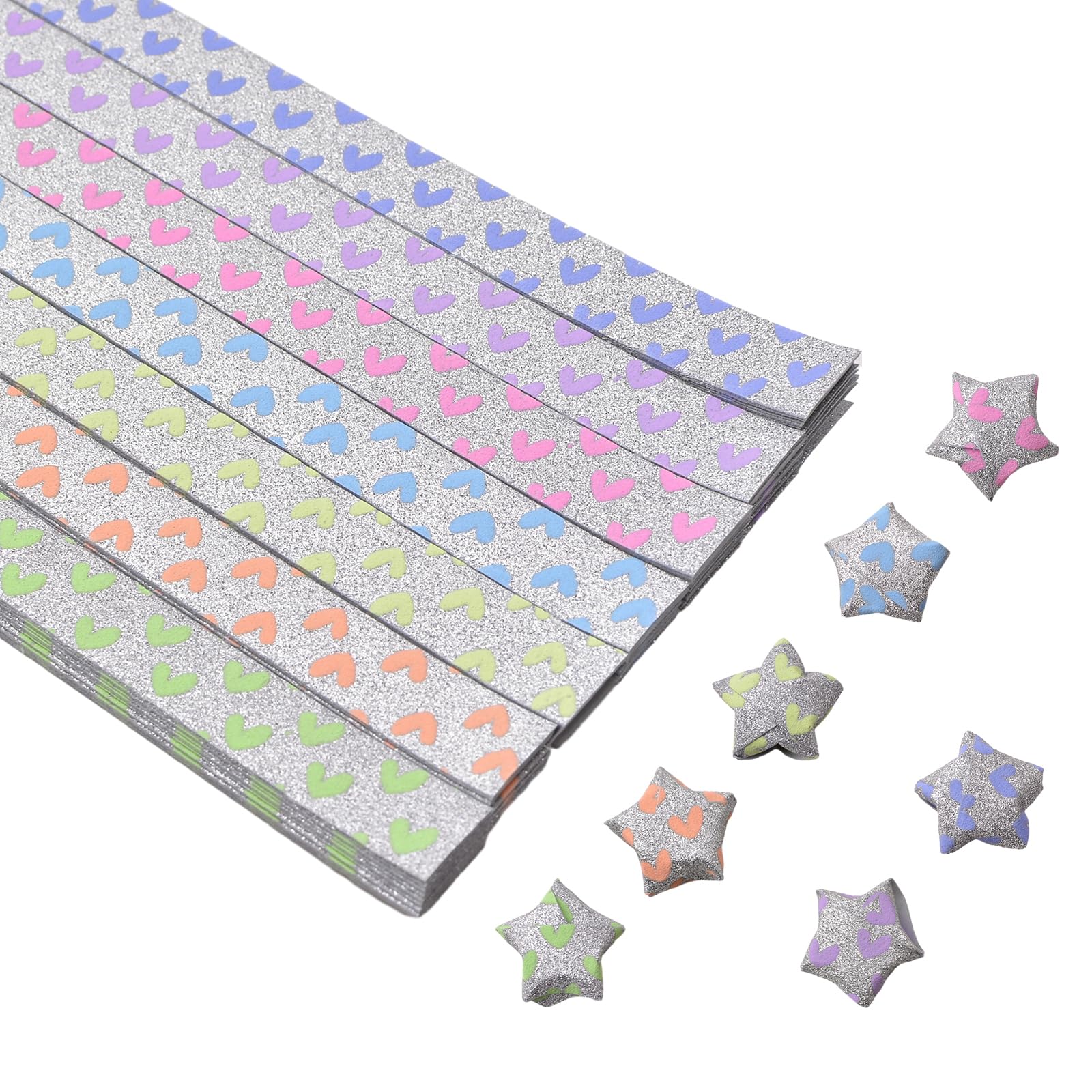 URROMA Star Paper Strips, 360pcs Glitter Luminous Lucky Star Origami Paper Folding Strips Peach Heart Four Leaf Grass Little Angel Pattern Crafts Folding Paper Stars DIY Arts