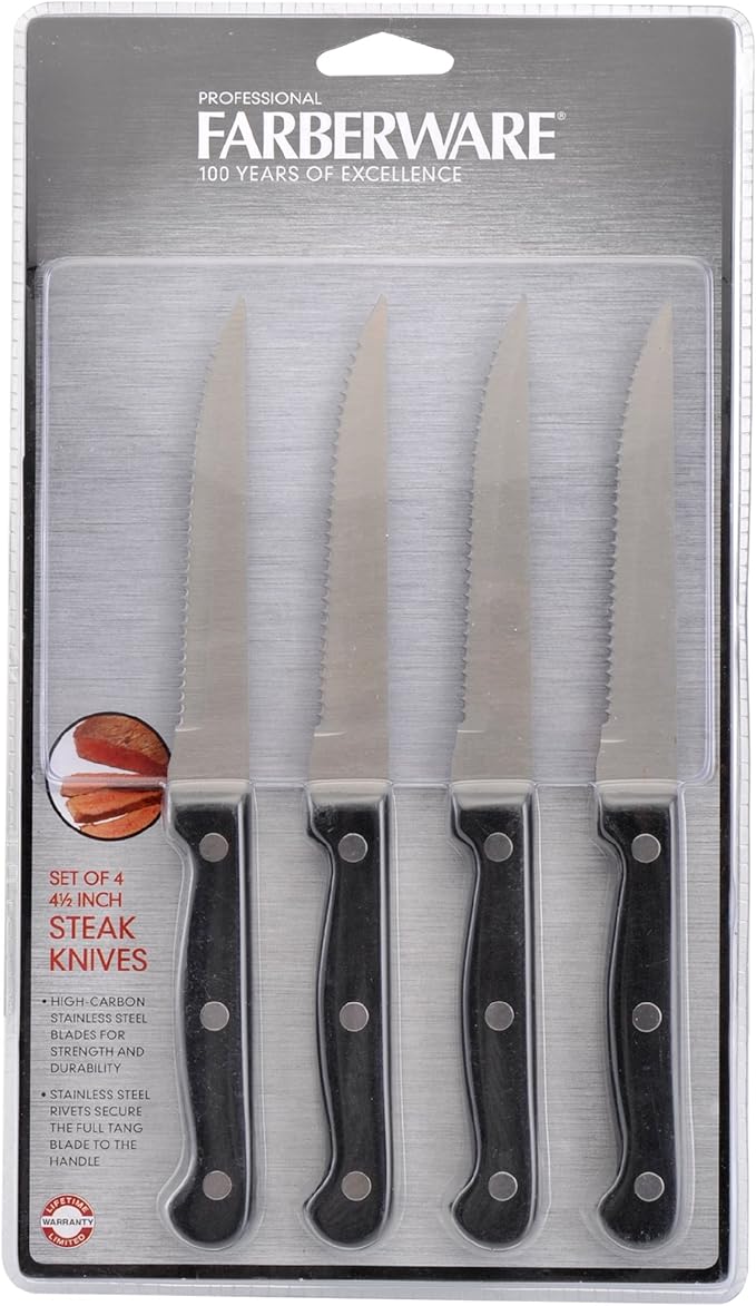 Amazon Com Farberware 4 Piece Stamped Triple Rivet High Carbon Stainless Steel Steak Knife Set Black Kitchen Dining