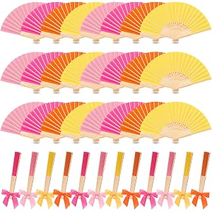 Beeveer 48 Pcs Paper Folding Hand Fans Bulk, 8.3 Inch Handheld Bamboo Multicolored Paper Fans with 3.3 Inch Premade Twist Tie