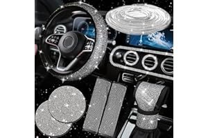 MILEGI 9 Pcs Bling Car Accessories Set for Women, Rhinestone Steering Wheel Cover, DIY Bling Car Trim Stickers Decor, Sparkly Seat Belt Covers, Shift Knob Cover Coaster Silver Diamond