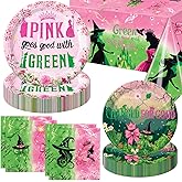 Practice Star 41pcs Witch Party Decorations Include 10pcs Pink Plates, 10pcs Green Plates, 20pcs Napkins, Tablecloth for Pink and Green Birthday Decorations