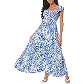 Seta T Women's Summer Dress Smocked Boho Sundress Square Neck Ruffle Cap Sleeve Floral Flowy Maxi Dress