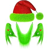 Christmas Santa Hat with Beard Green Furry Hand Gloves, Green Monster Costume Accessories for Adult Halloween Christmas Cosplay Party Prop