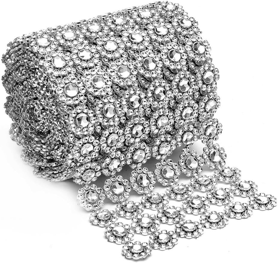 Silver Diamond Flower Shape 4"x 1 Yard Mesh Wrap Roll Rhinestone Crystal Ribbon