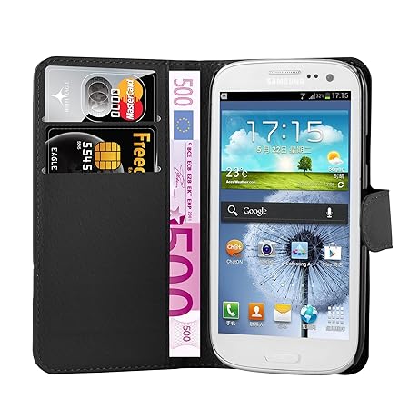 Cadorabo Hülle kompatibel mit Samsung Galaxy S3 Mini Hülle in Phantom SCHWARZ Handyhülle mit Kartenfach und Standfunktion Sch