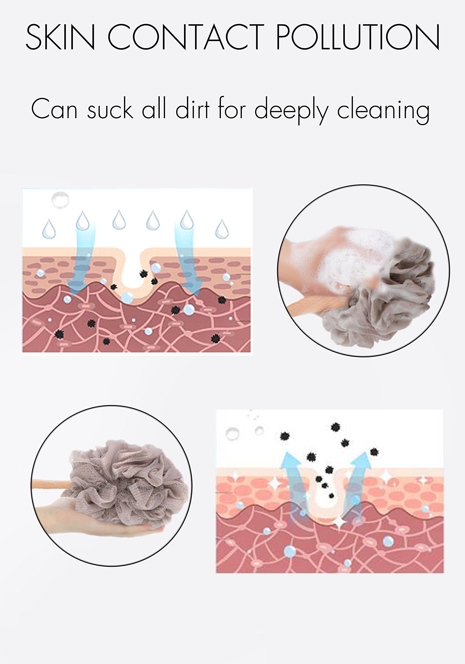 Bath Sponge & Brush Long Handled Loofah Back Scrubber Shower & Bath Exfoliating Pouf Scrubber on a Stick Body Back Brush with a Wood Handle Loofah Mesh for Men & Women By Krramel (PURPLE)