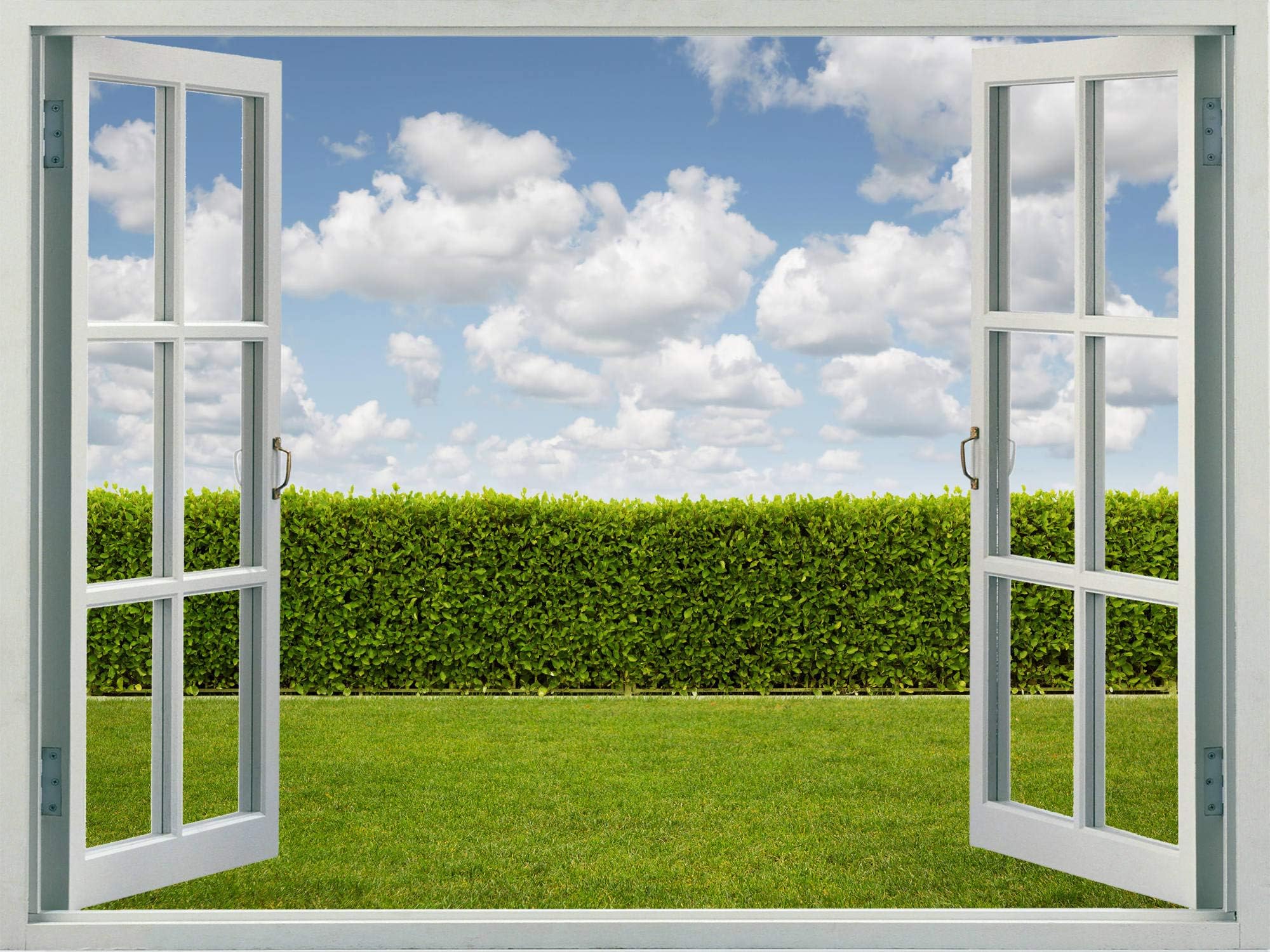 Walls 360 Peel & Stick Faux Window Wall Decal: Garden with Hedge and Clouds (24 in x 18 in)