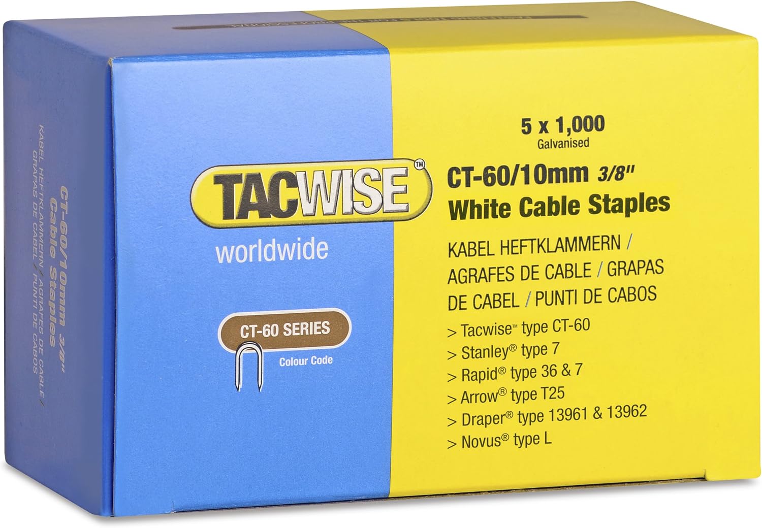 Tacwise 1094 Type CT-60 / 10 mm Galvanised Steel White Cable Staples, Divergent Point, Pack of 5000