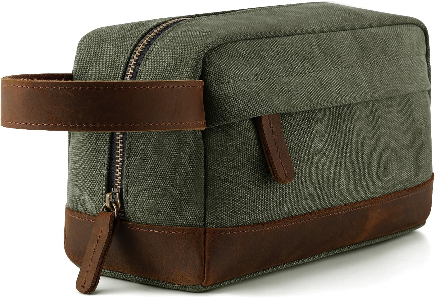 Plambag Canvas Leather Toiletry Bag for Men, Travel Dopp Kit Shaving Bag Organizer(Army Green)