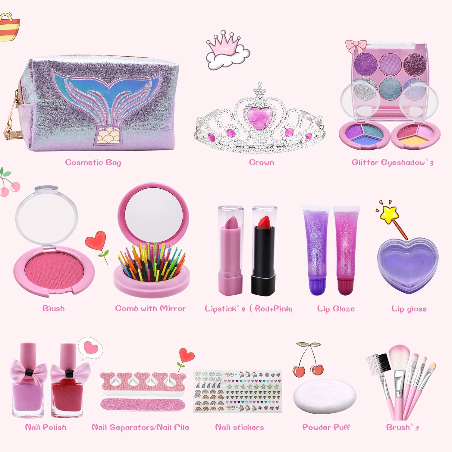 ADOGKUU 23Pcs Kids Makeup Kit for Girl, Washable Girls Makeup Set with Fashion Cosmetic Bag, Real Makeup Dress Up Beauty Set Girls Toy for Kids 6 7 8 9 10 11 12 Years Old, Play Makeup for Little Girls: Toys & Games