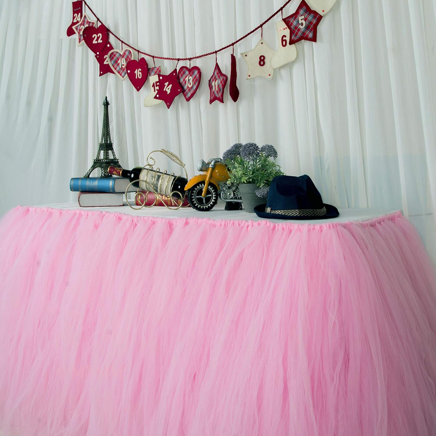 MYMM 9ft / 274cm Pink Table Skirt, Romantic Tulle desk gauze, Table Decoration, Snowflake Wonderland Tutu Table Cloth - Image 5
