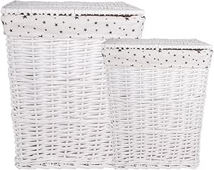Cesta rectangular para ropa sucia, de mimbre blanco y con forro de