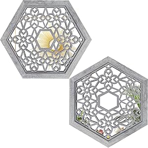 Wocred 2 PCS Hexagon Wall Mirror,Gorgeous Rustic Farmhouse Accent Mirror,Rustic White Color Entry Mirror for Bathroom Renovation,Bedrooms,Living Rooms and More(13.6”x12”)