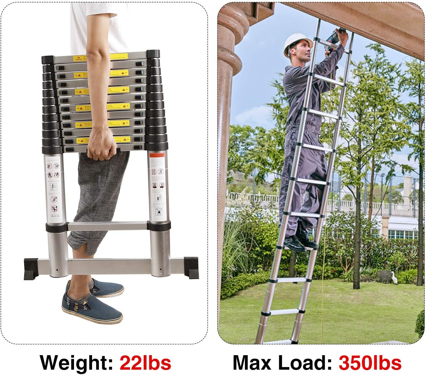 REDCAMP Aluminum Telescoping Ladder 12.5ft with Stabilizer Bar, Folding Telescopic Extension Ladder for RV Home Outdoor Use, Hold 350lbs Capacity - - 