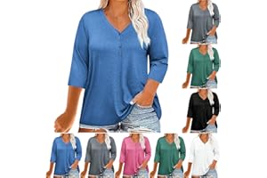 PBNBP Women's Plus Size Tops Buttons V Neck Shirts Basic 3/4 Sleeve Tee Summer Casual Loose Fit Tshirts Soft Cute Tunic Tops