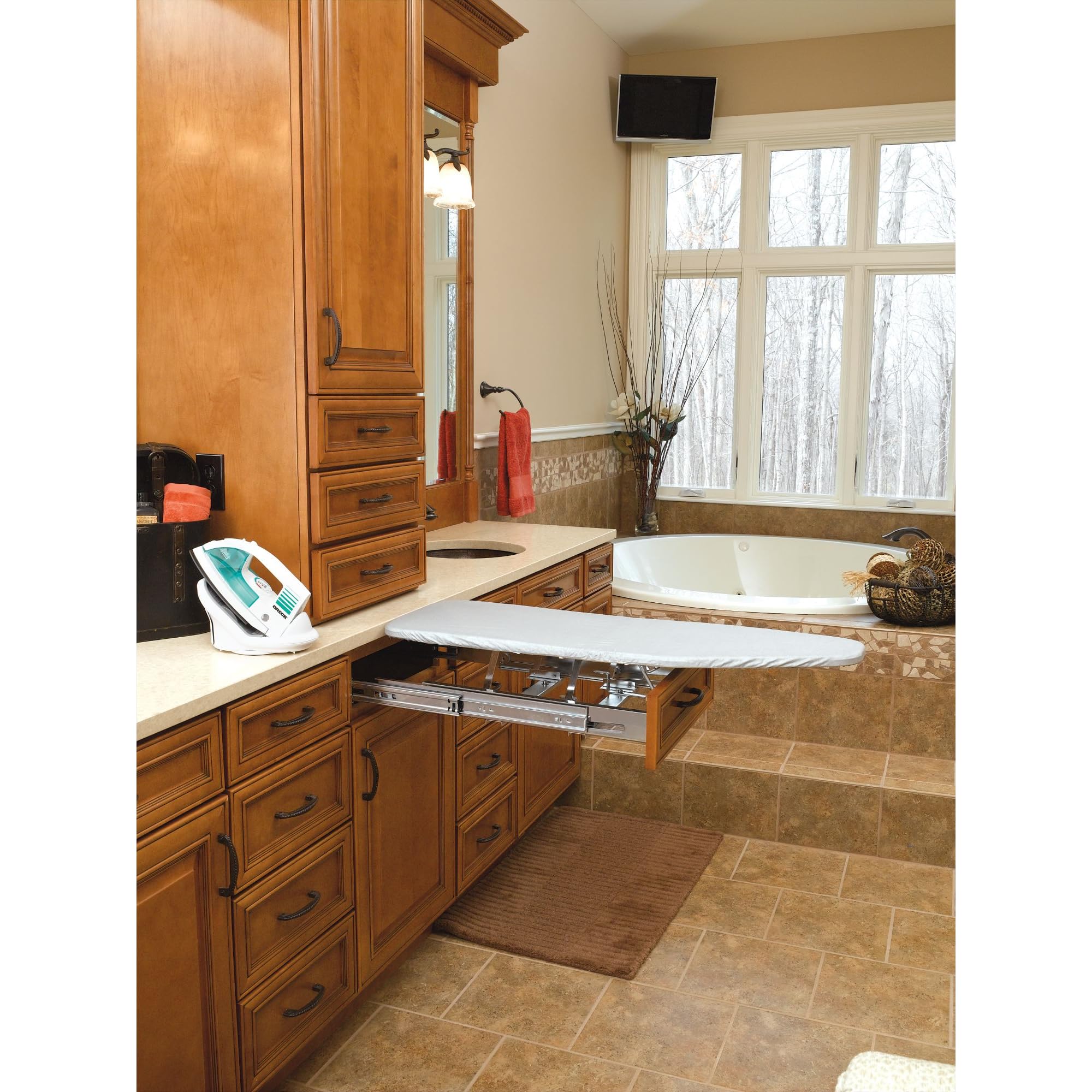 Rev-A-Shelf Pull Out Adjustable Folding Retractable Ironing Board w/Ball-Bearing Slide for Bathroom/Closet Vanity Cabinet Drawer, Gray, VIB-20CR